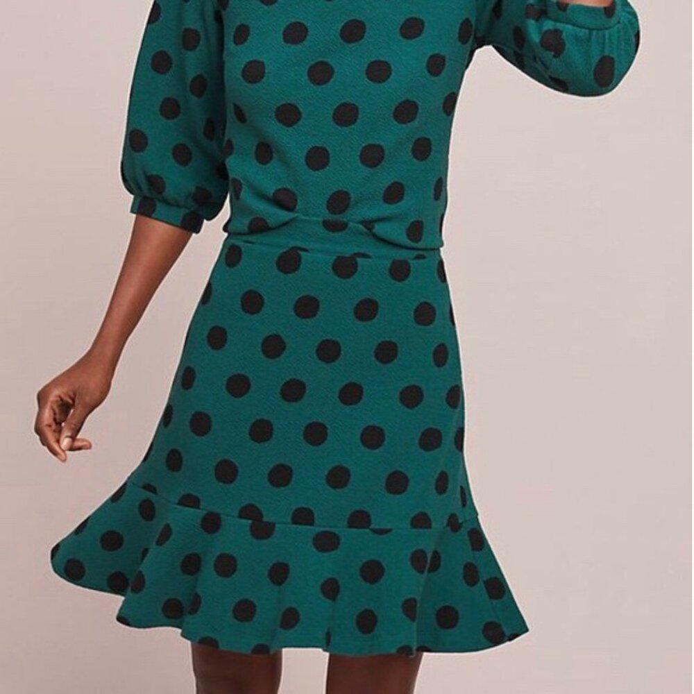 Anthropologie Maeve Green and Black Polka Dot Skirt M 6/8/10